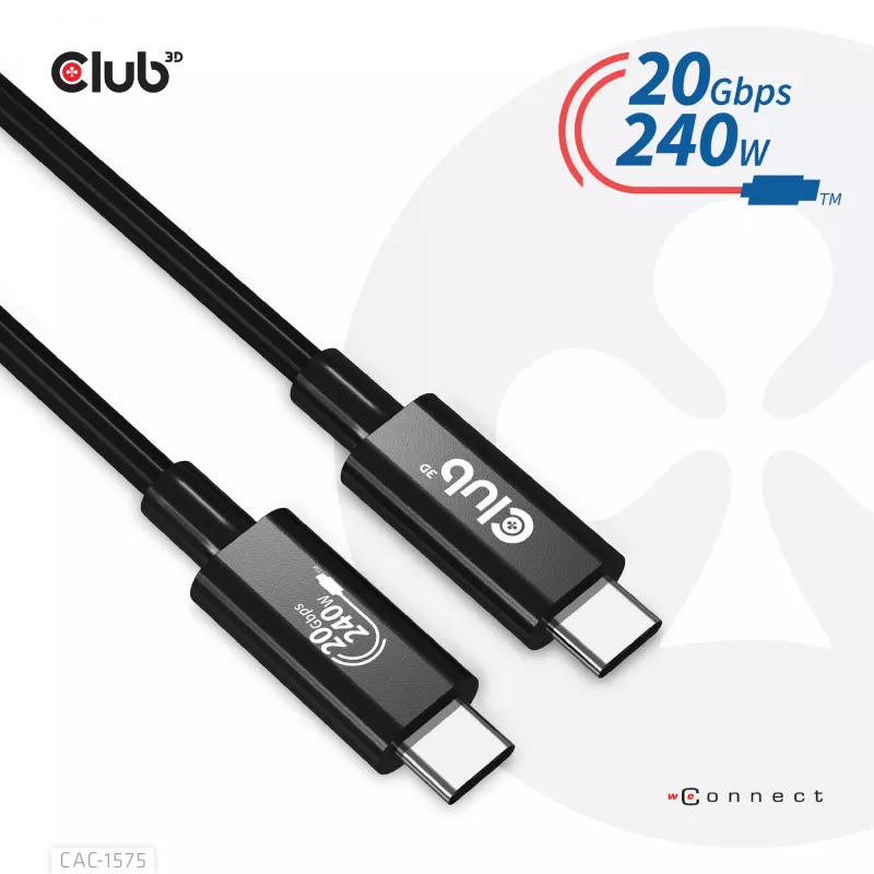 CLUB3D USB4 Gen2x2 Type-C bidirectionele kabel 4K60Hz, data 20Gbps, PD 240W(48V/5A) EPR M/M 2m