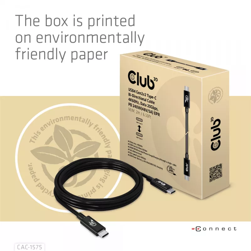 CLUB3D USB4 Gen2x2 Type-C bidirectionele kabel 4K60Hz, data 20Gbps, PD 240W(48V/5A) EPR M/M 2m