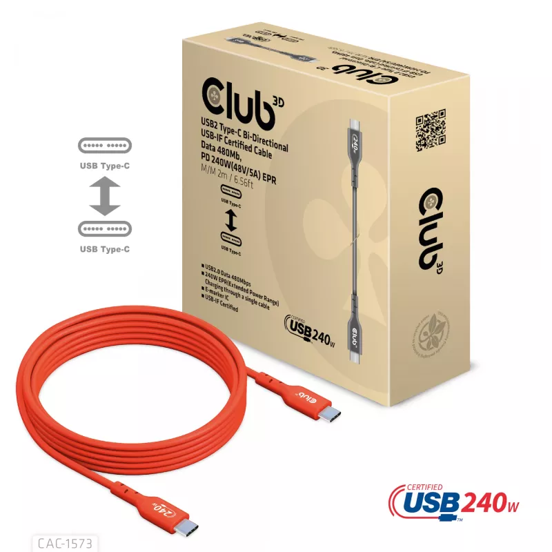 USB-C-naar-USB-C bidirectionele kabel CLUB3D CAC-1573, USB4 Gen 2x2, 2 m, rood, PD tot 240 W
