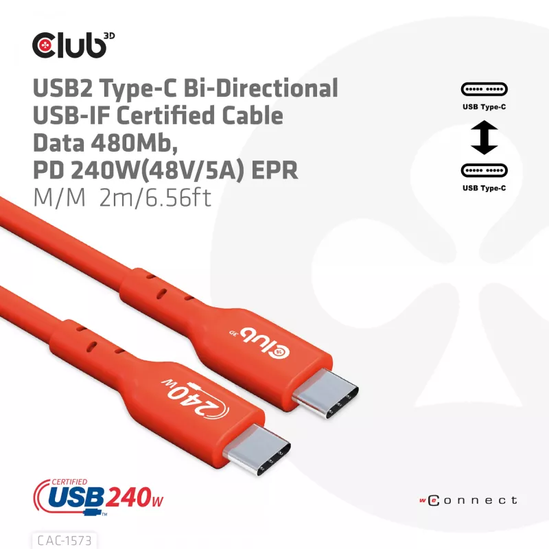 USB-C-naar-USB-C bidirectionele kabel CLUB3D CAC-1573, USB4 Gen 2x2, 2 m, rood, PD tot 240 W