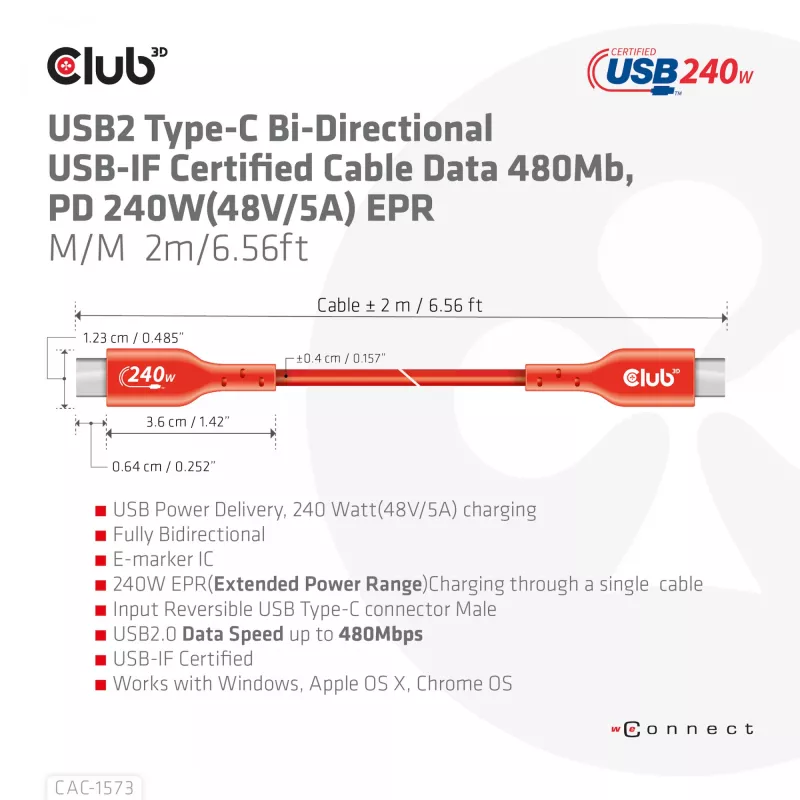 USB-C-naar-USB-C bidirectionele kabel CLUB3D CAC-1573, USB4 Gen 2x2, 2 m, rood, PD tot 240 W