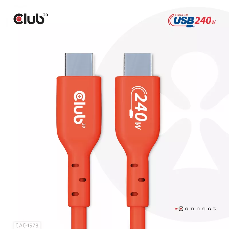 USB-C-naar-USB-C bidirectionele kabel CLUB3D CAC-1573, USB4 Gen 2x2, 2 m, rood, PD tot 240 W