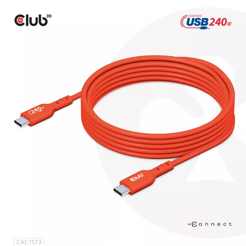 USB-C-naar-USB-C bidirectionele kabel CLUB3D CAC-1573, USB4 Gen 2x2, 2 m, rood, PD tot 240 W