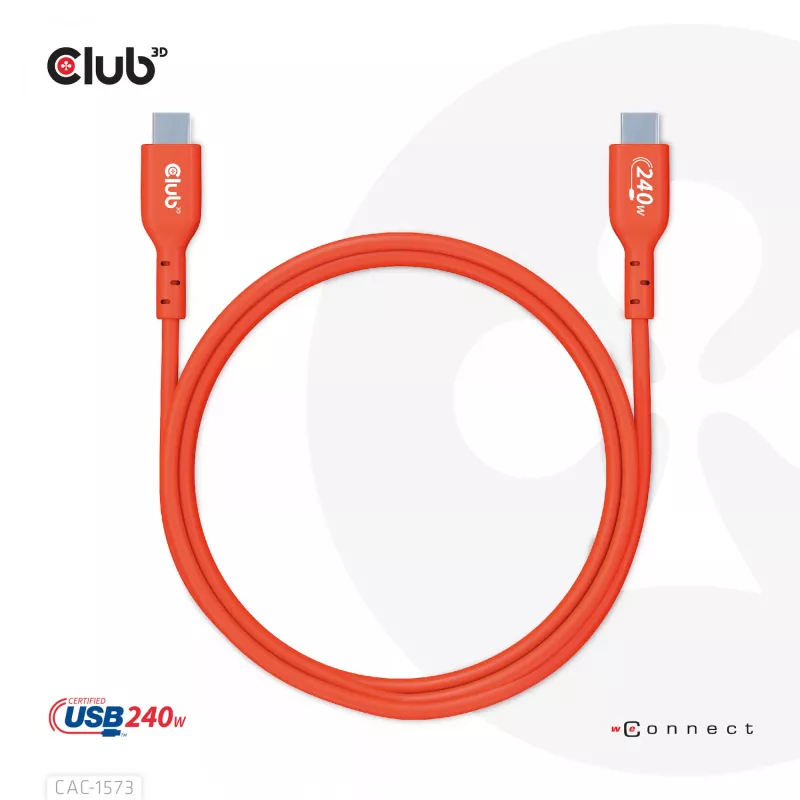 USB-C-naar-USB-C bidirectionele kabel CLUB3D CAC-1573, USB4 Gen 2x2, 2 m, rood, PD tot 240 W