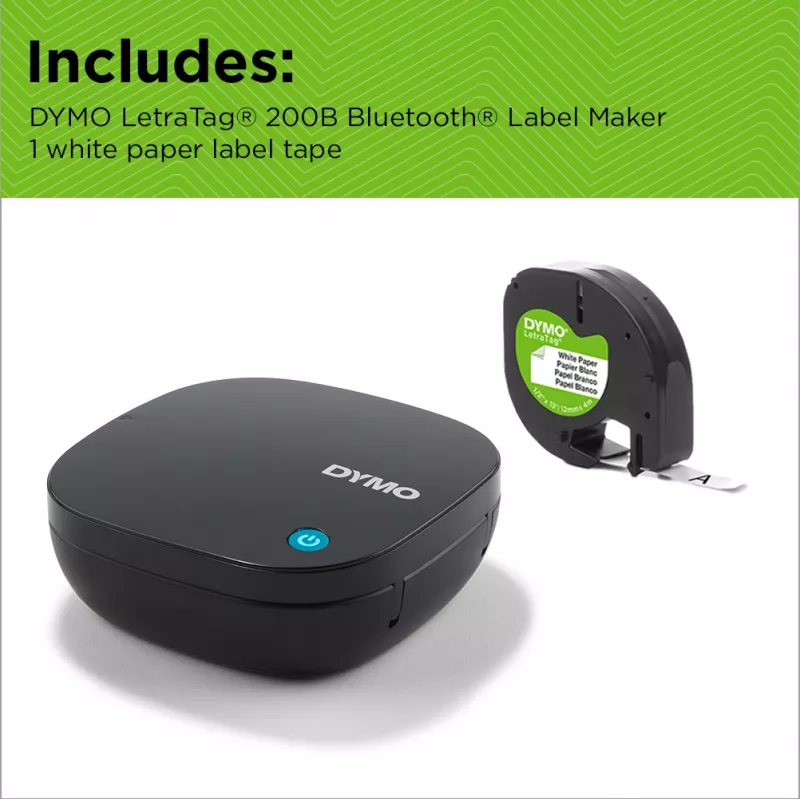 DYMO LetraTag 200B Bluetooth Labelprinter | Compacte labelprinter | Verbindt via draadloze Bluetooth-technologie met iOS en Android | Inclusief 1 wit papieren etiketlint | Zwart