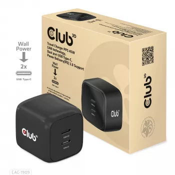 CLUB3D Reisoplader PPS 45W GAN-technologie, Dual-Port USB Type-C, Power Delivery (PD) 3.0-ondersteuning