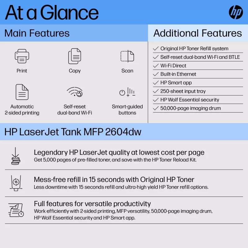 HP LaserJet Tank MFP 2604dw printer, laser, monochroom printen, 600 x 600 DPI, A4, direct printen, grijs
