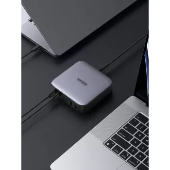 Ugreen 40914 Nexode 200W GaN desktop USB-C-USB-A-lader, voor binnen, AC, 21 V, 5 A, 2 m, zwart, grijs