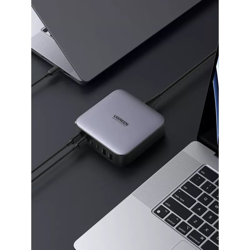 Ugreen 40914 Nexode 200W GaN desktop USB-C-USB-A-lader, voor binnen, AC, 21 V, 5 A, 2 m, zwart, grijs