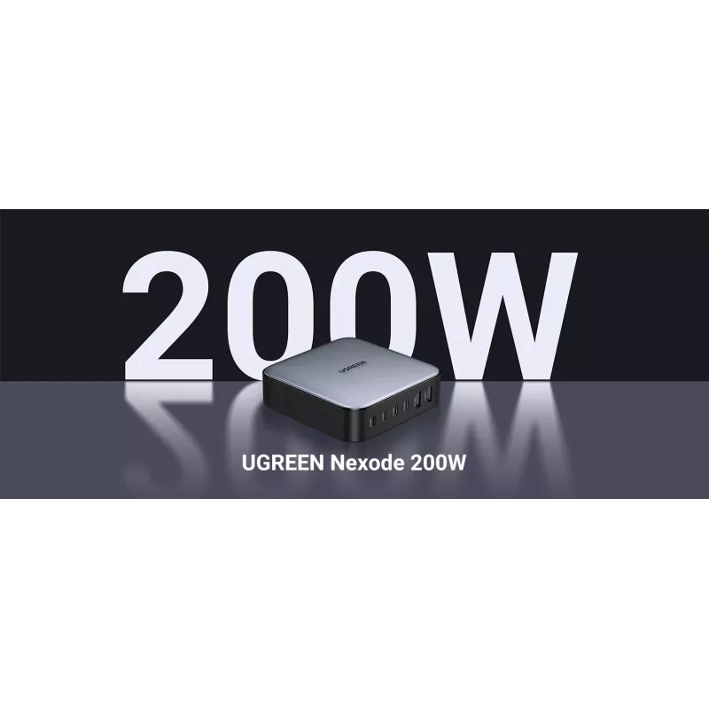 Ugreen 40914 Nexode 200W GaN desktop USB-C-USB-A-lader, voor binnen, AC, 21 V, 5 A, 2 m, zwart, grijs