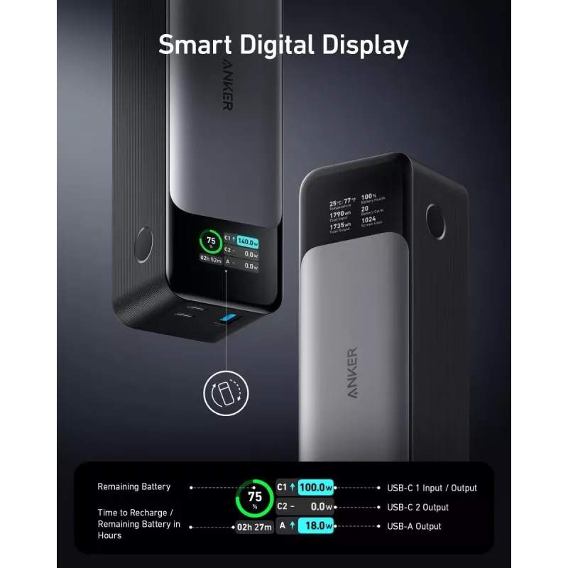 Draagbare lader Anker 737 (A1289011) – 24000 mAh, 140 W, 2× USB-C + 1× USB-A, zilver/zwart