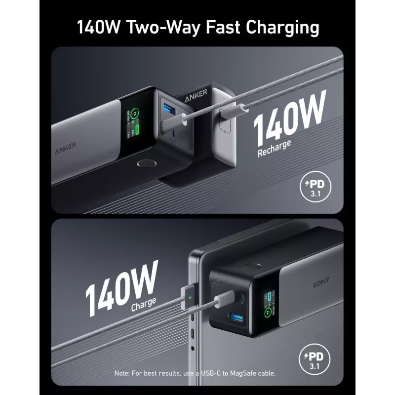 Draagbare lader Anker 737 (A1289011) – 24000 mAh, 140 W, 2× USB-C + 1× USB-A, zilver/zwart