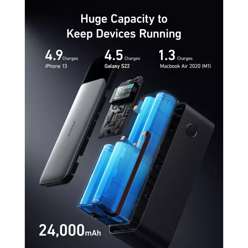 Draagbare lader Anker 737 (A1289011) – 24000 mAh, 140 W, 2× USB-C + 1× USB-A, zilver/zwart