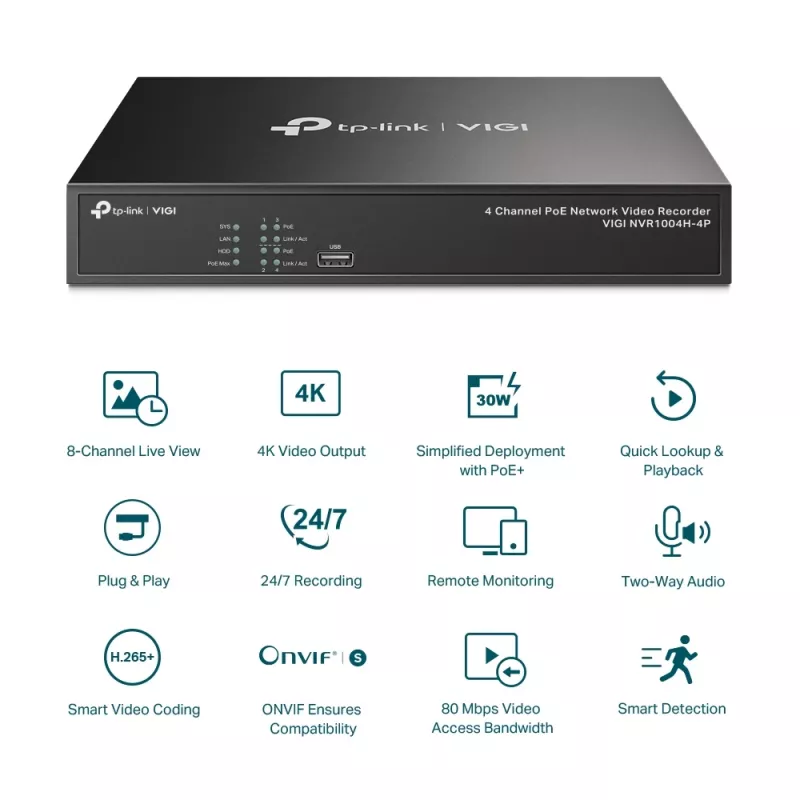 TP-Link VIGI 4-kanaals PoE+ netwerk-videorecorder