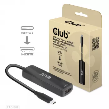 CLUB3D USB Gen2 Type-C naar HDMI™ 8K60Hz of 4K120Hz HDR10+ met DSC1.2 met Power Delivery 3.0 actieve adapter M/F