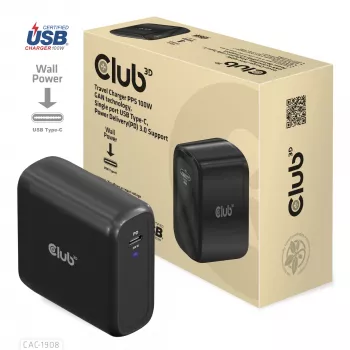CLUB3D reisoplader 100 watt GaN-technologie, USB-IF TID gecertificeerd, enkele aansluiting USB Type-C, Power Delivery(PD) 3.0-ondersteuning