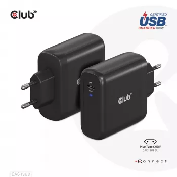 CLUB3D reisoplader 100 watt GaN-technologie, USB-IF TID gecertificeerd, enkele aansluiting USB Type-C, Power Delivery(PD) 3.0-ondersteuning