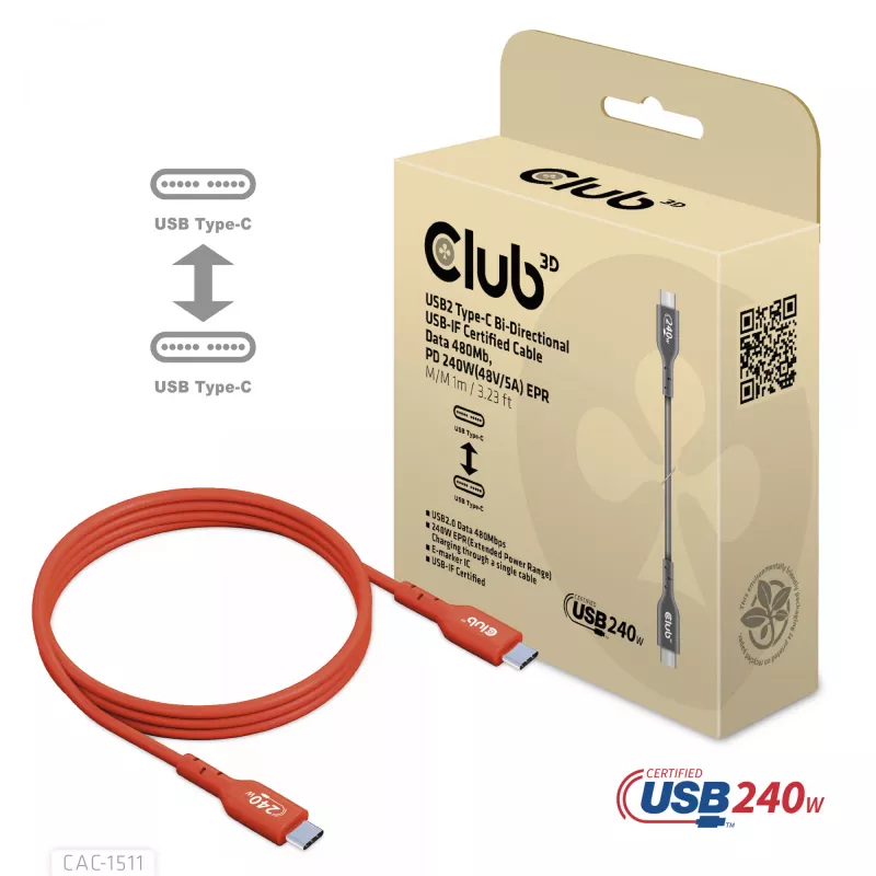 Club 3D CAC-1511 USB2 Type-C bidirectionele USB-IF-gecertificeerde kabel, data 480 Mb, PD 240 W (48 V/5 A) EPR, male/male, 1 m