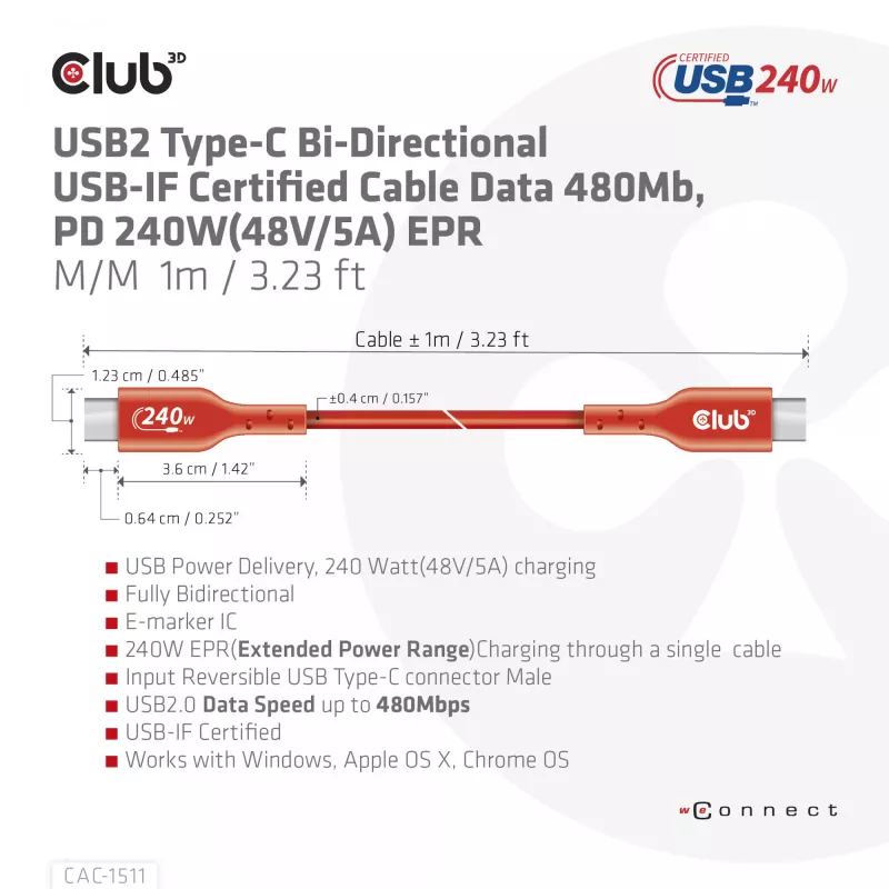 Club 3D CAC-1511 USB2 Type-C bidirectionele USB-IF-gecertificeerde kabel, data 480 Mb, PD 240 W (48 V/5 A) EPR, male/male, 1 m
