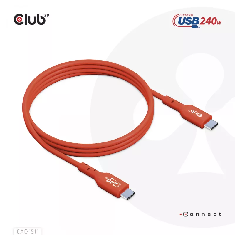 Club 3D CAC-1511 USB2 Type-C bidirectionele USB-IF-gecertificeerde kabel, data 480 Mb, PD 240 W (48 V/5 A) EPR, male/male, 1 m