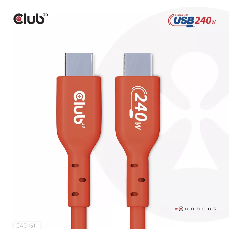 Club 3D CAC-1511 USB2 Type-C bidirectionele USB-IF-gecertificeerde kabel, data 480 Mb, PD 240 W (48 V/5 A) EPR, male/male, 1 m