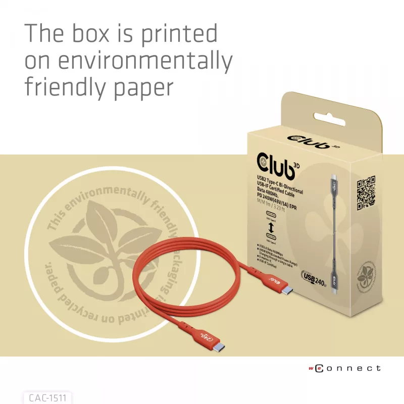 Club 3D CAC-1511 USB2 Type-C bidirectionele USB-IF-gecertificeerde kabel, data 480 Mb, PD 240 W (48 V/5 A) EPR, male/male, 1 m