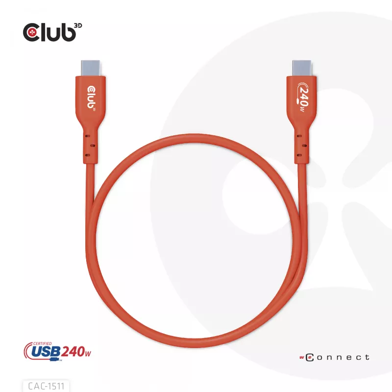 Club 3D CAC-1511 USB2 Type-C bidirectionele USB-IF-gecertificeerde kabel, data 480 Mb, PD 240 W (48 V/5 A) EPR, male/male, 1 m