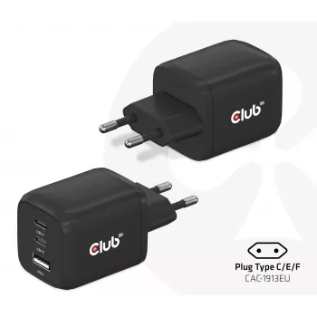 CLUB3D reisoplader PPS 65 Watt GAN-technologie, drievoudige aansluiting (2x USB Type-C + USB Type-A) Power Delivery (PD) 3.0-ondersteuning