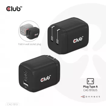 CLUB3D reisoplader PPS 65 Watt GAN-technologie, drievoudige aansluiting (2x USB Type-C + USB Type-A) Power Delivery (PD) 3.0-ondersteuning