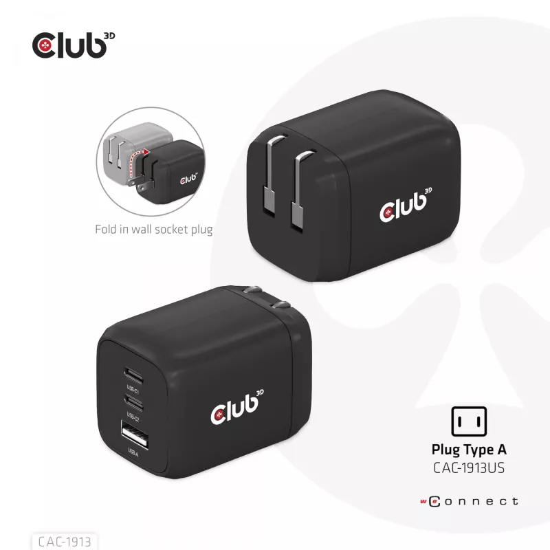 CLUB3D reisoplader PPS 65 Watt GAN-technologie, drievoudige aansluiting (2x USB Type-C + USB Type-A) Power Delivery (PD) 3.0-ondersteuning