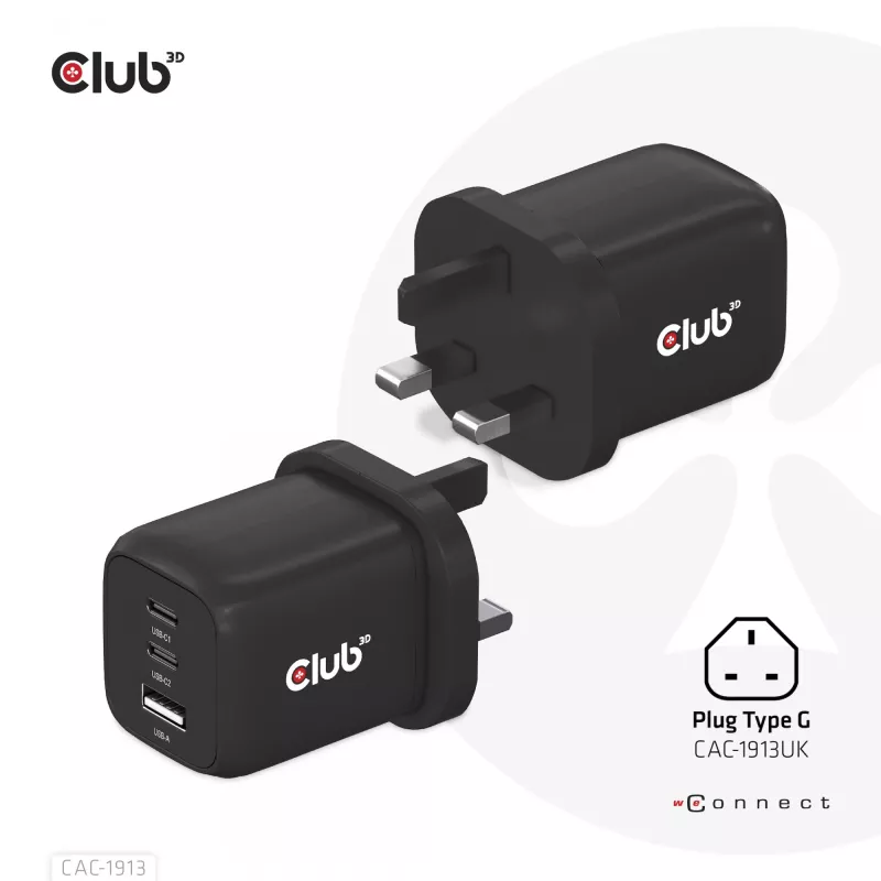 CLUB3D reisoplader PPS 65 Watt GAN-technologie, drievoudige aansluiting (2x USB Type-C + USB Type-A) Power Delivery (PD) 3.0-ondersteuning