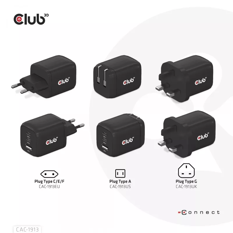 CLUB3D reisoplader PPS 65 Watt GAN-technologie, drievoudige aansluiting (2x USB Type-C + USB Type-A) Power Delivery (PD) 3.0-ondersteuning