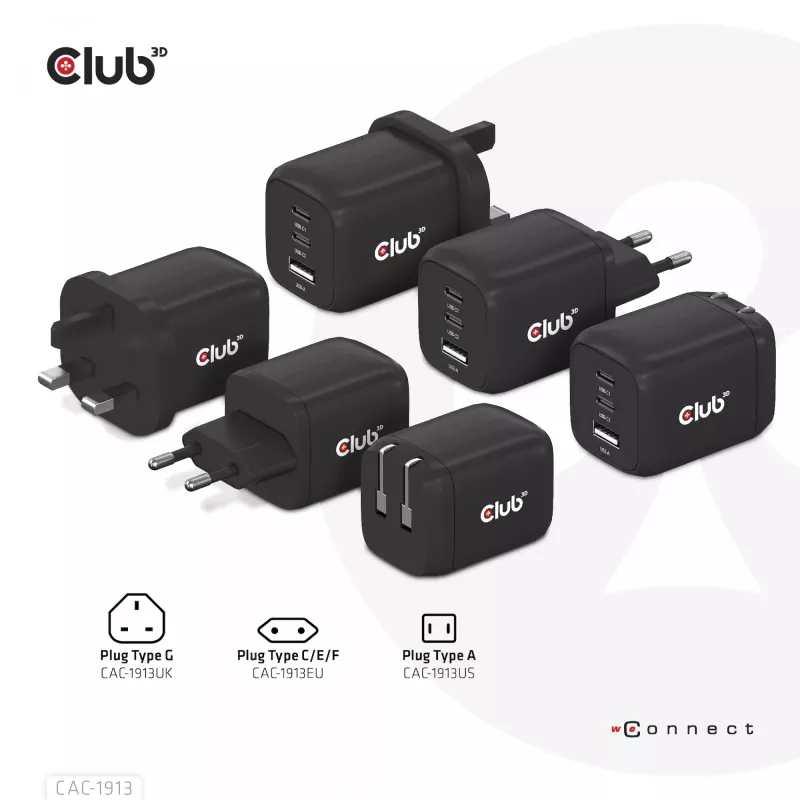 CLUB3D reisoplader PPS 65 Watt GAN-technologie, drievoudige aansluiting (2x USB Type-C + USB Type-A) Power Delivery (PD) 3.0-ondersteuning