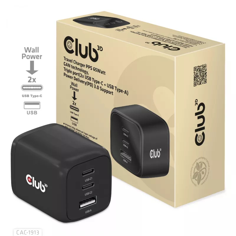 CLUB3D reisoplader PPS 65 Watt GAN-technologie, drievoudige aansluiting (2x USB Type-C + USB Type-A) Power Delivery (PD) 3.0-ondersteuning