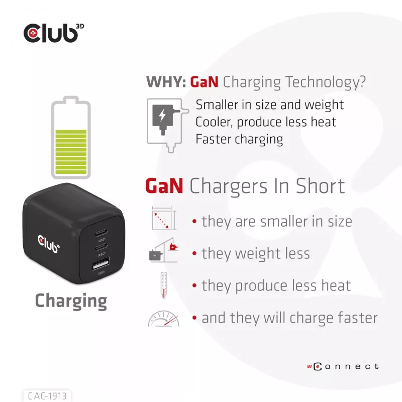 CLUB3D reisoplader PPS 65 Watt GAN-technologie, drievoudige aansluiting (2x USB Type-C + USB Type-A) Power Delivery (PD) 3.0-ondersteuning