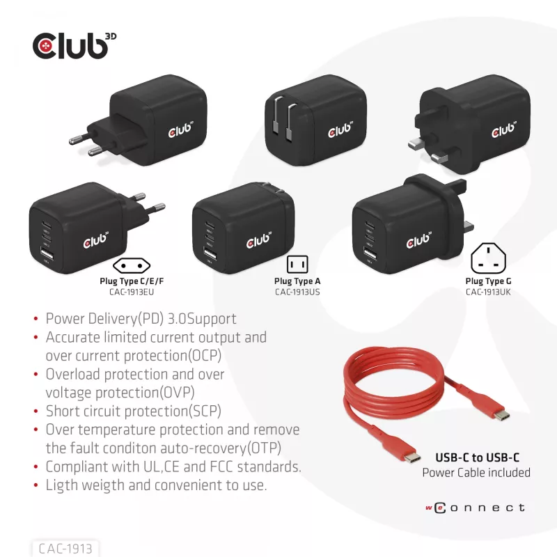 CLUB3D reisoplader PPS 65 Watt GAN-technologie, drievoudige aansluiting (2x USB Type-C + USB Type-A) Power Delivery (PD) 3.0-ondersteuning