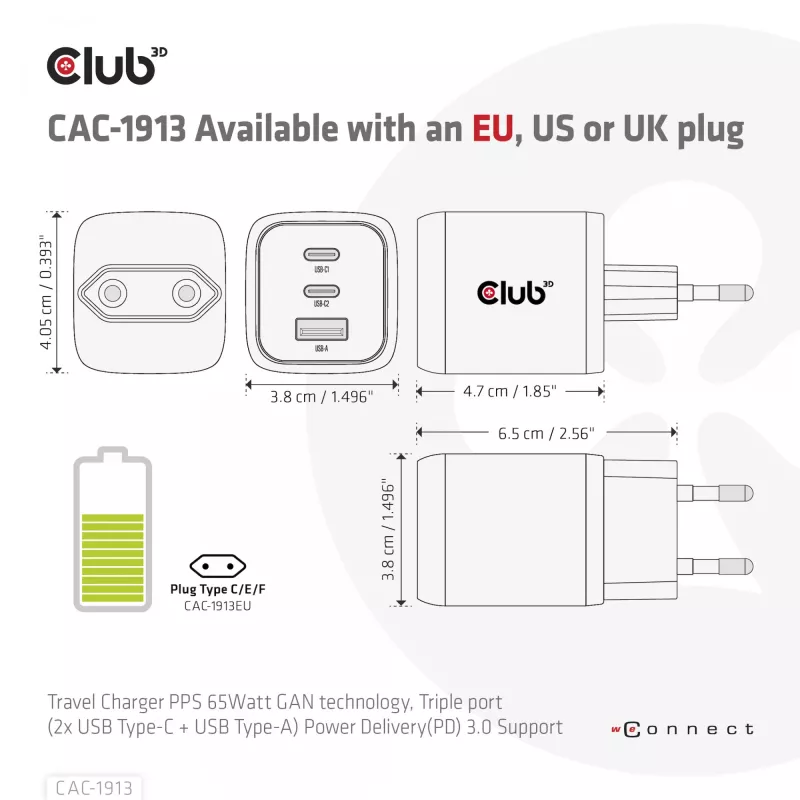 CLUB3D reisoplader PPS 65 Watt GAN-technologie, drievoudige aansluiting (2x USB Type-C + USB Type-A) Power Delivery (PD) 3.0-ondersteuning