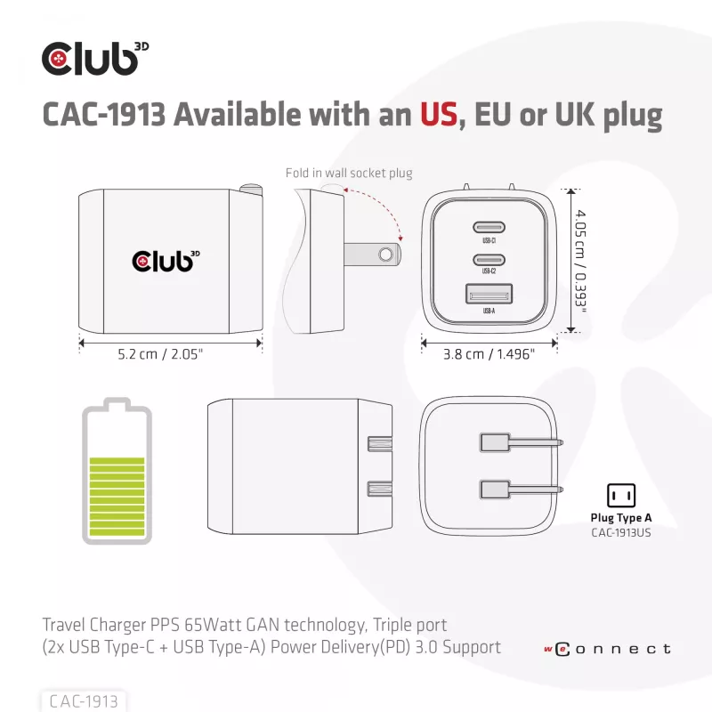 CLUB3D reisoplader PPS 65 Watt GAN-technologie, drievoudige aansluiting (2x USB Type-C + USB Type-A) Power Delivery (PD) 3.0-ondersteuning
