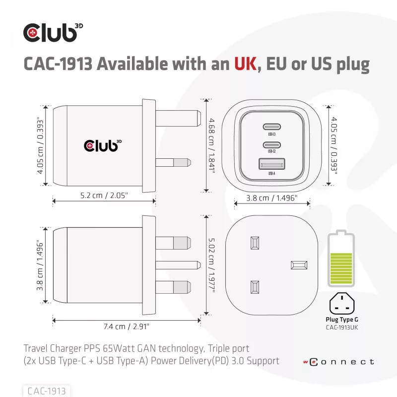CLUB3D reisoplader PPS 65 Watt GAN-technologie, drievoudige aansluiting (2x USB Type-C + USB Type-A) Power Delivery (PD) 3.0-ondersteuning