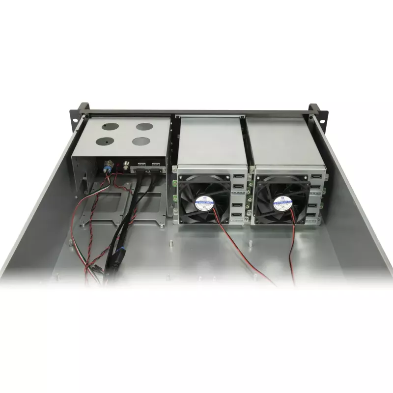 Inter-Tech IPC 3U-3508 opslagserverbehuizing, 48,3 cm rackmontage 3U, ATX, SATA/SAS Hot-Swap, 2x externe 5,25 inch bays, zonder voeding, zwart