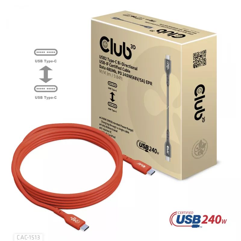 CLUB3D USB2 Type-C bidirectionele USB-IF-gecertificeerde datakabel 480Mb, PD 240W(48V/5A) EPR M/M 3m / 9.84 ft