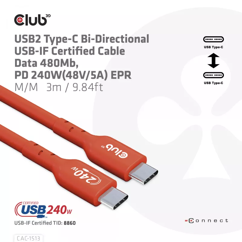 CLUB3D USB2 Type-C bidirectionele USB-IF-gecertificeerde datakabel 480Mb, PD 240W(48V/5A) EPR M/M 3m / 9.84 ft