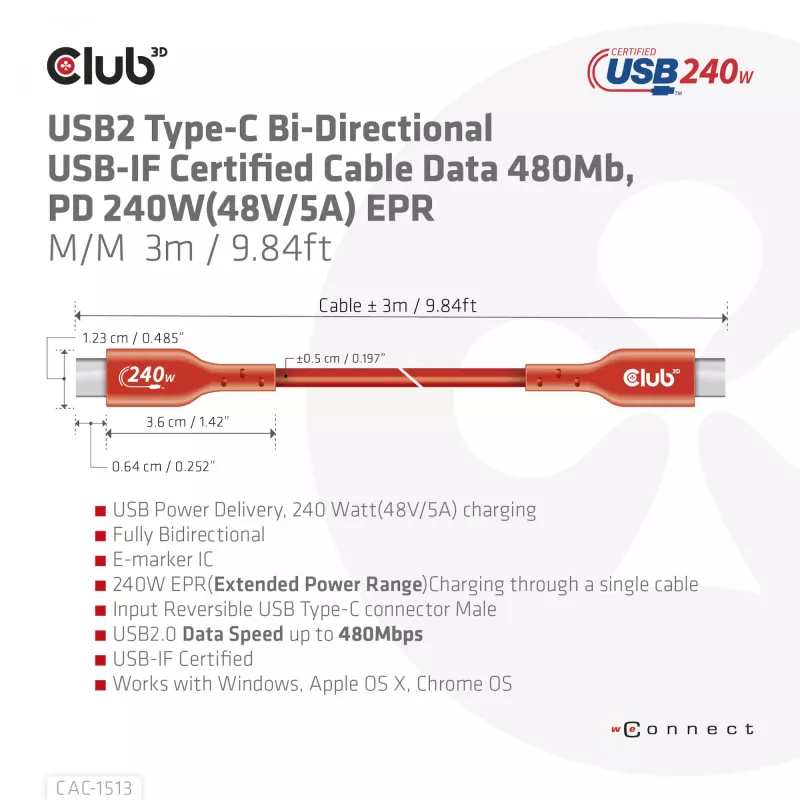 CLUB3D USB2 Type-C bidirectionele USB-IF-gecertificeerde datakabel 480Mb, PD 240W(48V/5A) EPR M/M 3m / 9.84 ft
