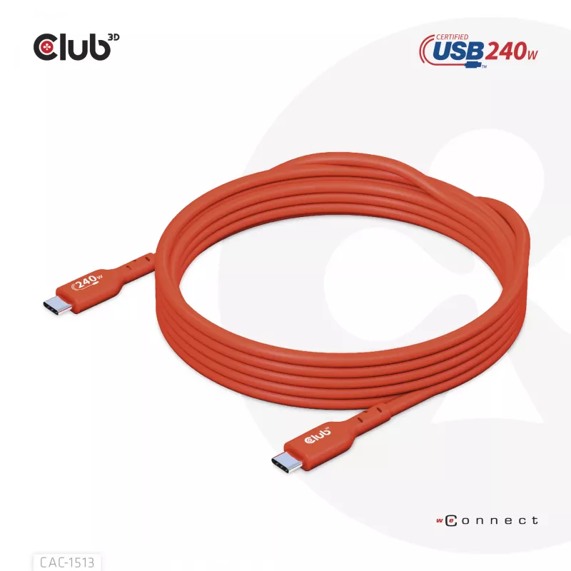 CLUB3D USB2 Type-C bidirectionele USB-IF-gecertificeerde datakabel 480Mb, PD 240W(48V/5A) EPR M/M 3m / 9.84 ft