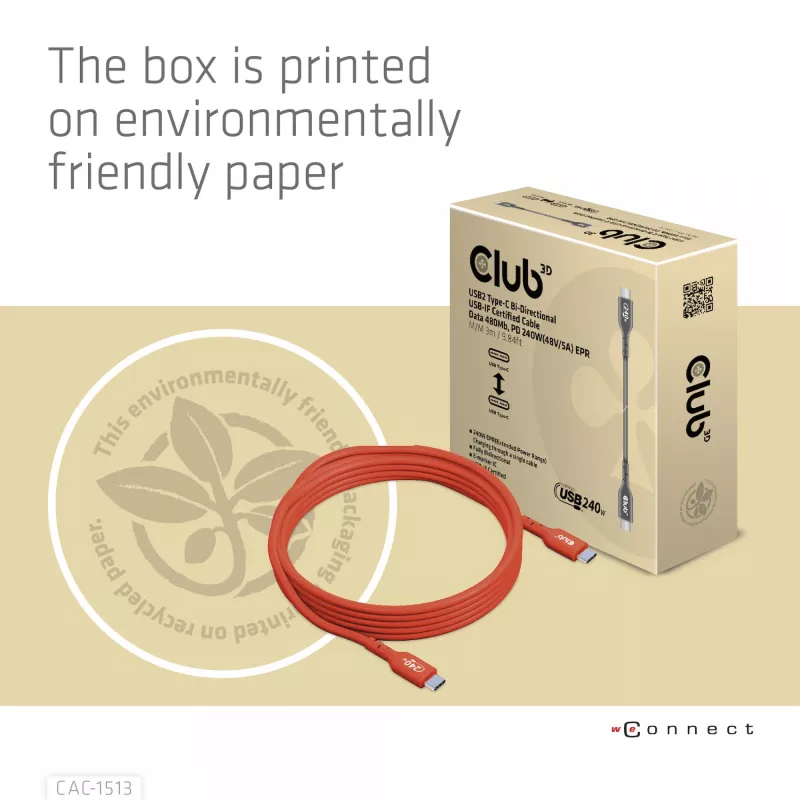 CLUB3D USB2 Type-C bidirectionele USB-IF-gecertificeerde datakabel 480Mb, PD 240W(48V/5A) EPR M/M 3m / 9.84 ft