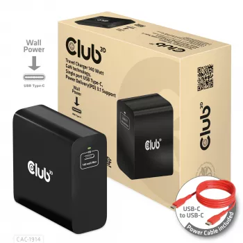CLUB3D reisoplader 140 Watt GaN-technologie, enkele poort USB Type-C, Power Delivery (PD) 3.1 ondersteuning