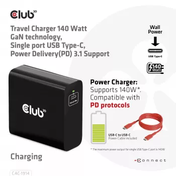CLUB3D reisoplader 140 Watt GaN-technologie, enkele poort USB Type-C, Power Delivery (PD) 3.1 ondersteuning