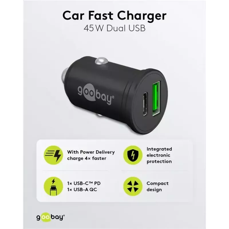 Goobay dual-USB auto-snellader USB-C PD 45W zwart