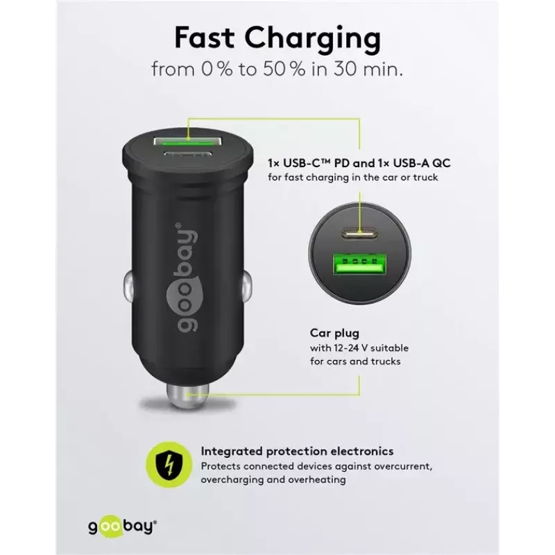 Goobay dual-USB auto-snellader USB-C PD 45W zwart