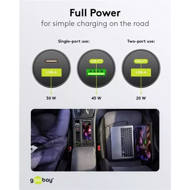 Goobay dual-USB auto-snellader USB-C PD 45W zwart